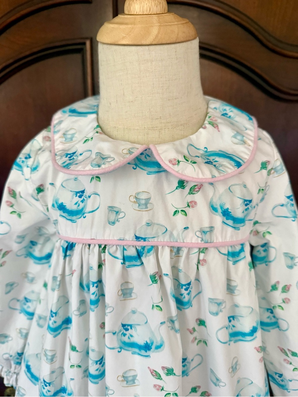 Stitchy Fish Teapot Tunic Top 4T Blue Tea Party Print Peter Pan Collar Boutique